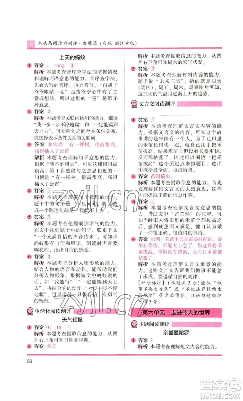 江蘇鳳凰文藝出版社2022木頭馬閱讀力測評二年級語文人教版浙江專版參考答案