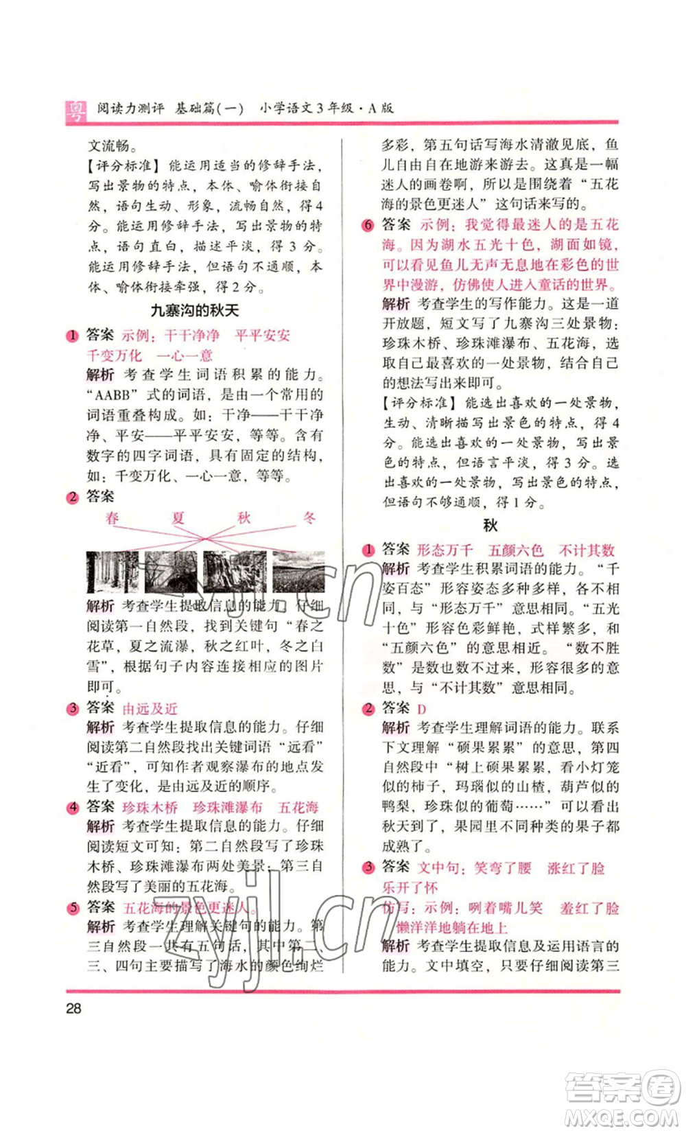 江蘇鳳凰文藝出版社2022木頭馬閱讀力測評三年級語文人教版A版廣東專版參考答案