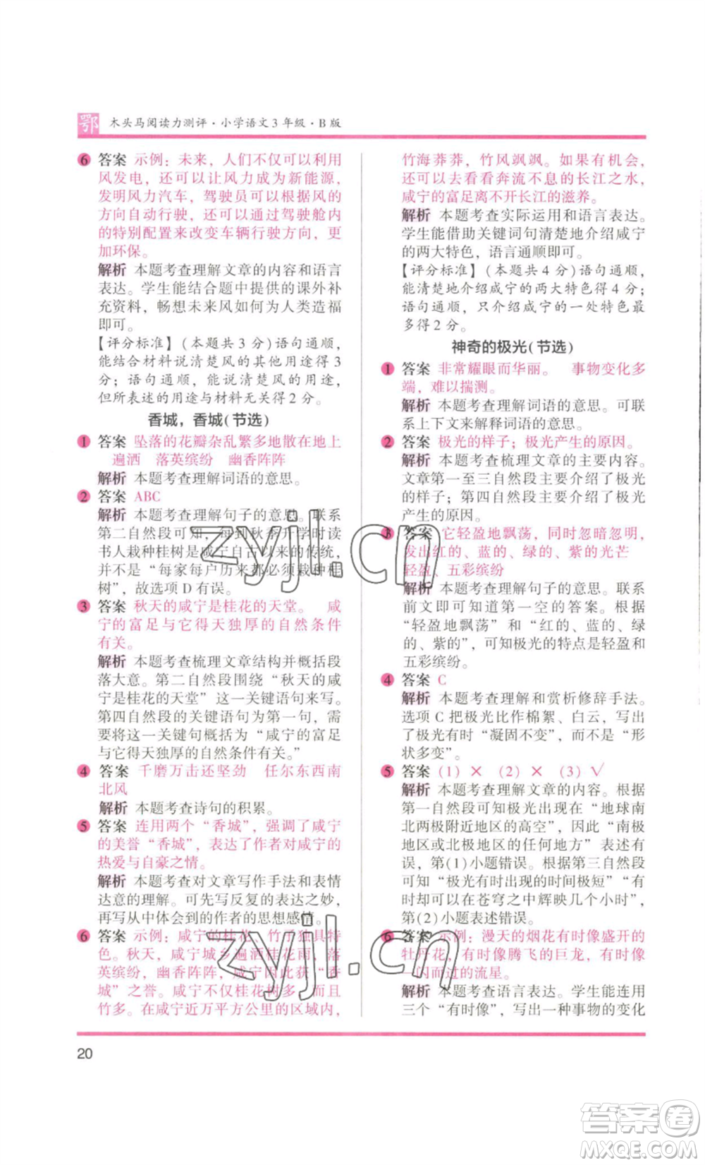 江蘇鳳凰美術出版社2022木頭馬閱讀力測評三年級語文人教版B版大武漢專版參考答案