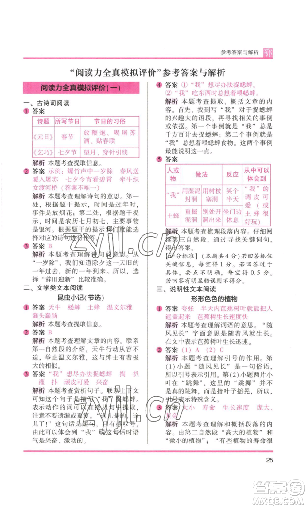 江蘇鳳凰美術出版社2022木頭馬閱讀力測評三年級語文人教版B版大武漢專版參考答案