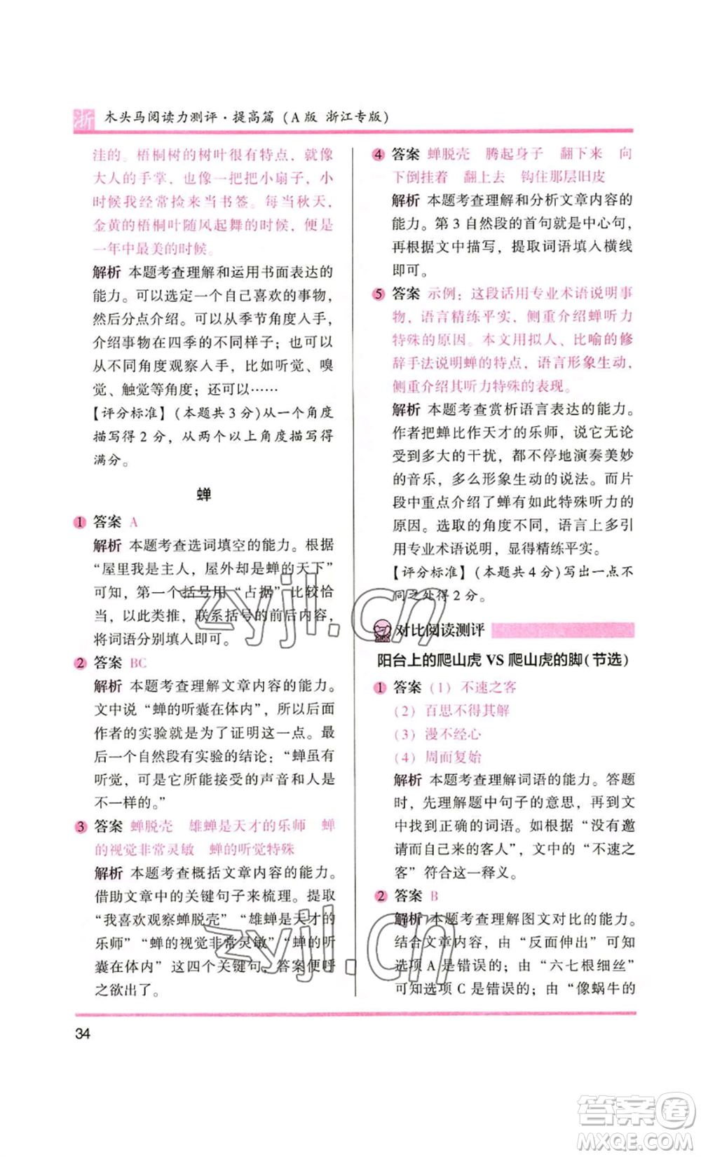 江蘇鳳凰文藝出版社2022木頭馬閱讀力測評四年級語文人教版浙江專版參考答案