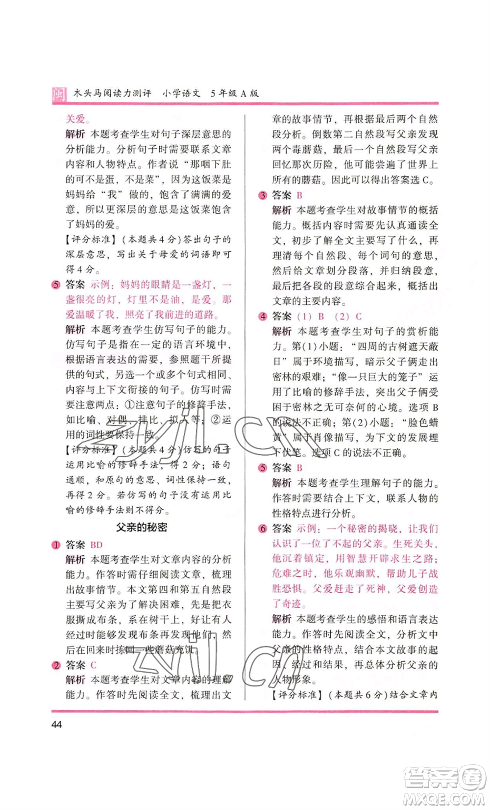 鷺江出版社2022木頭馬閱讀力測(cè)評(píng)五年級(jí)語文人教版A版福建專版參考答案
