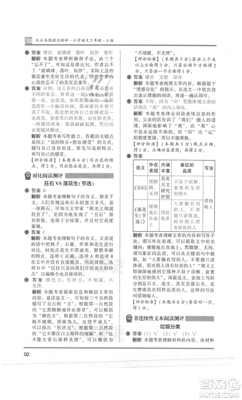 江蘇鳳凰文藝出版社2022木頭馬閱讀力測(cè)評(píng)五年級(jí)語(yǔ)文人教版A版湖南專版參考答案