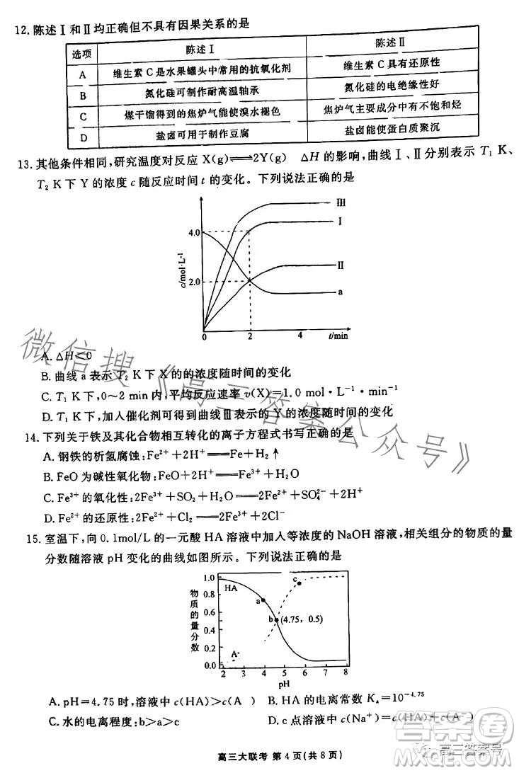 衡水金卷2023屆高三年級10月份大聯(lián)考化學試題答案