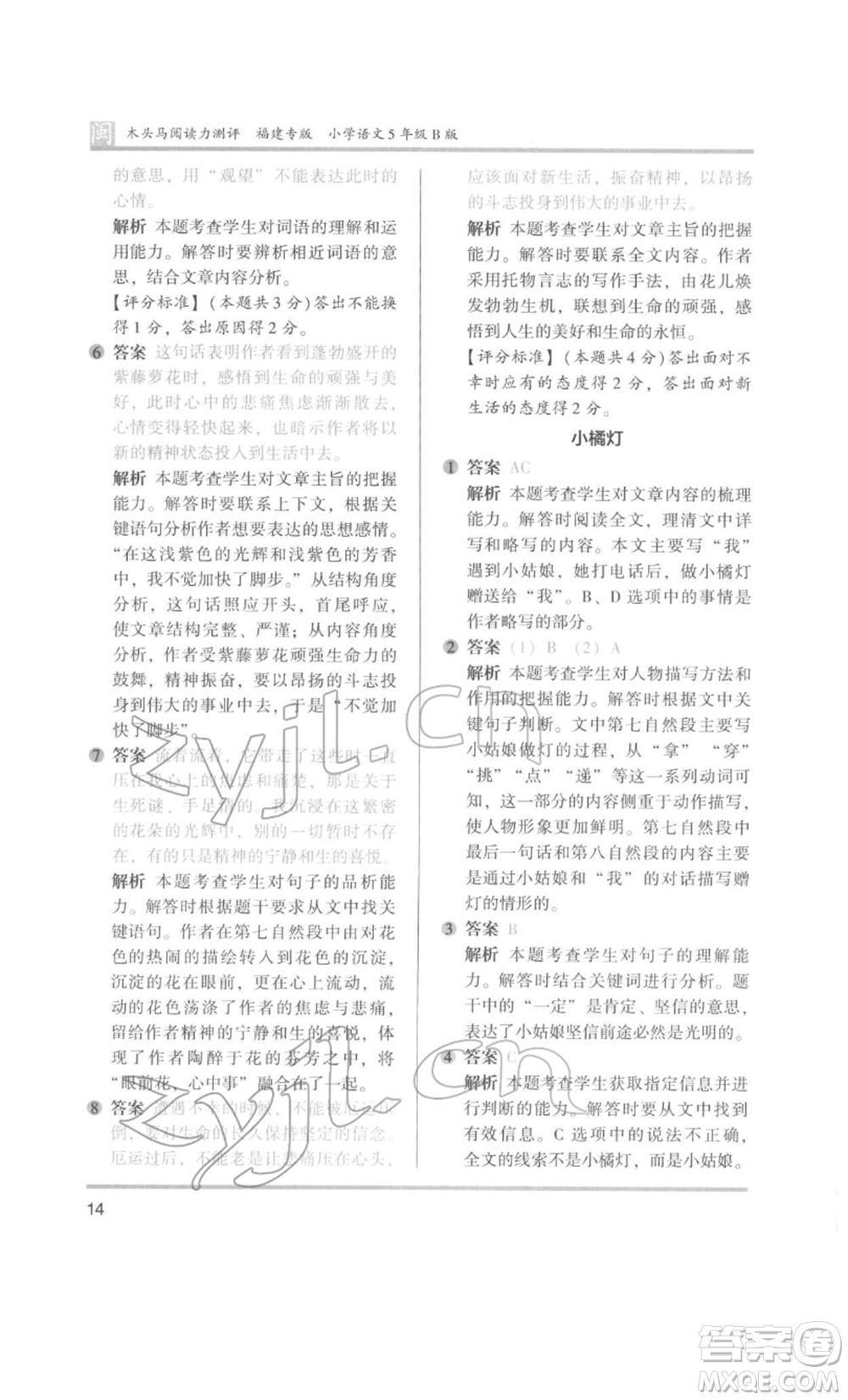 鷺江出版社2022木頭馬閱讀力測評五年級語文人教版B版福建專版參考答案