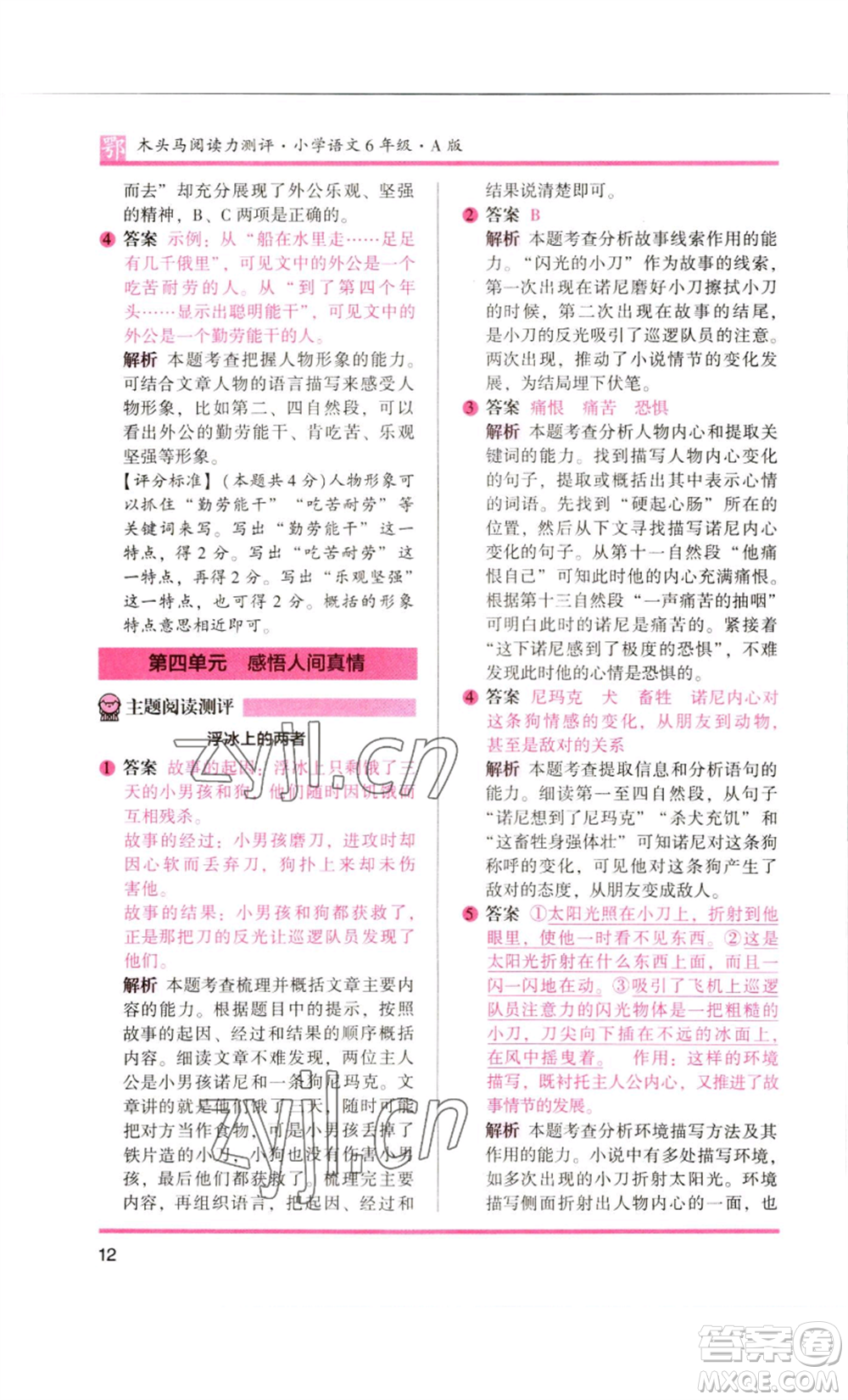 江蘇鳳凰美術(shù)出版社2022木頭馬閱讀力測(cè)評(píng)六年級(jí)語文人教版B版大武漢專版參考答案