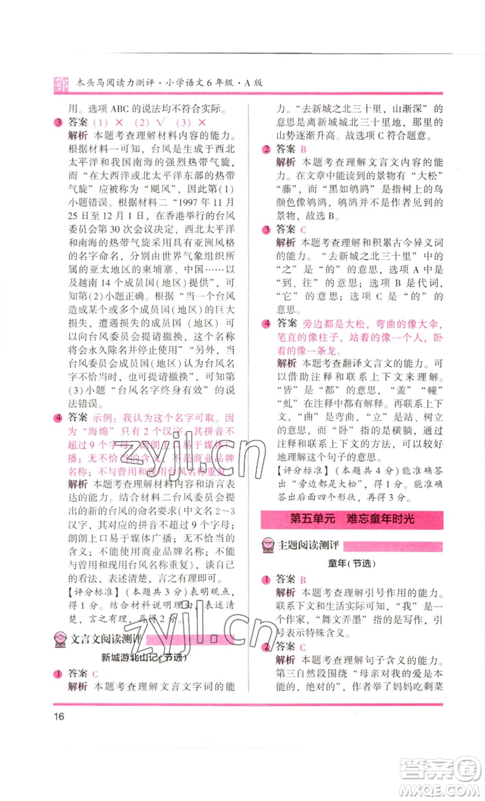 江蘇鳳凰美術(shù)出版社2022木頭馬閱讀力測(cè)評(píng)六年級(jí)語文人教版B版大武漢專版參考答案
