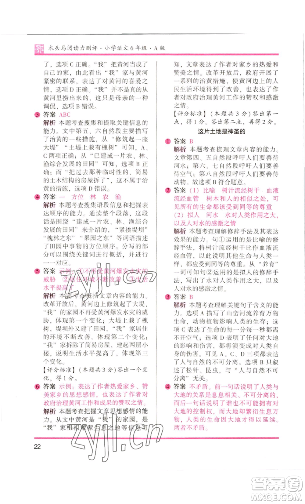 江蘇鳳凰美術(shù)出版社2022木頭馬閱讀力測(cè)評(píng)六年級(jí)語文人教版B版大武漢專版參考答案
