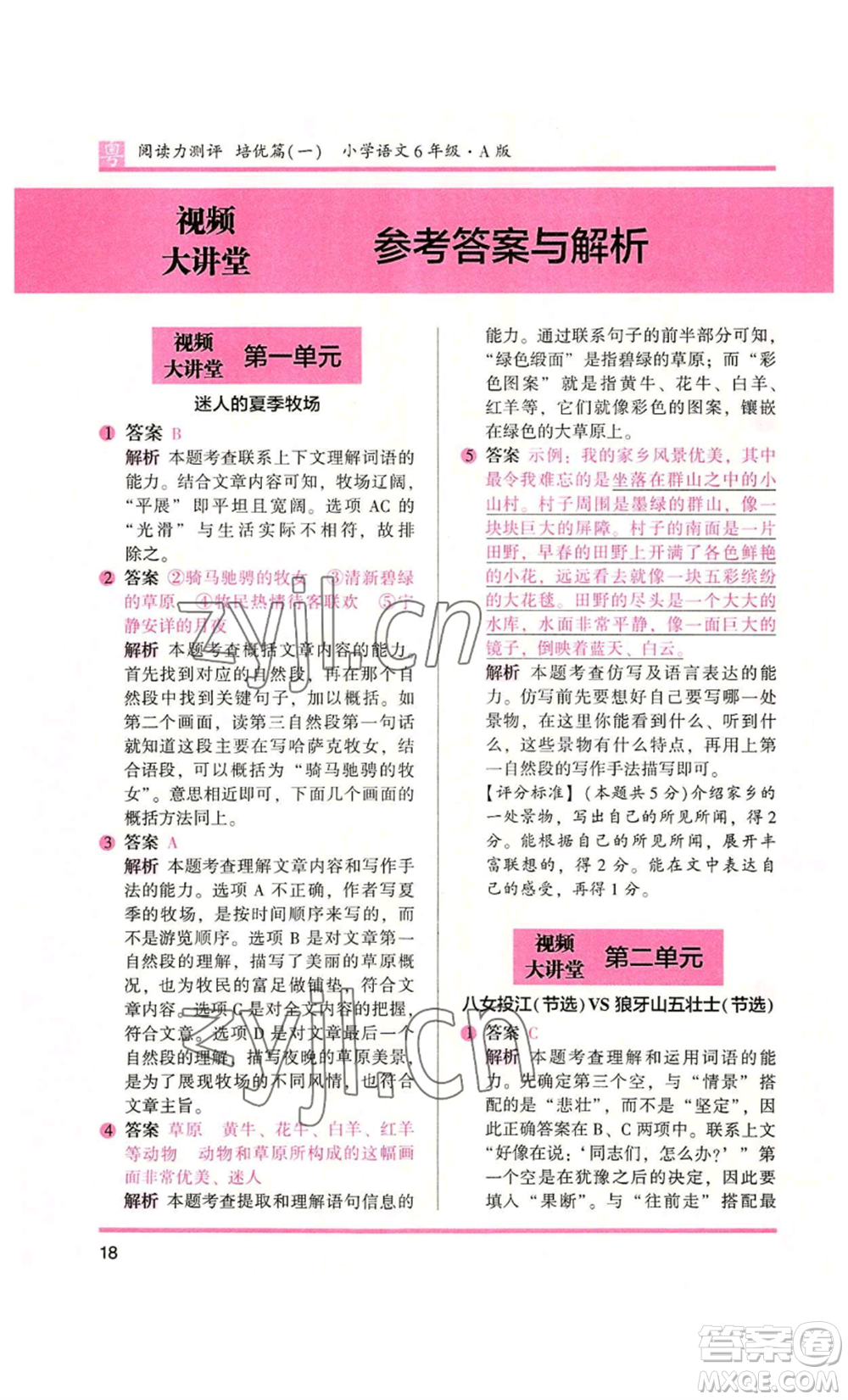 江蘇鳳凰文藝出版社2022木頭馬閱讀力測(cè)評(píng)六年級(jí)語(yǔ)文人教版A本廣東專版參考答案