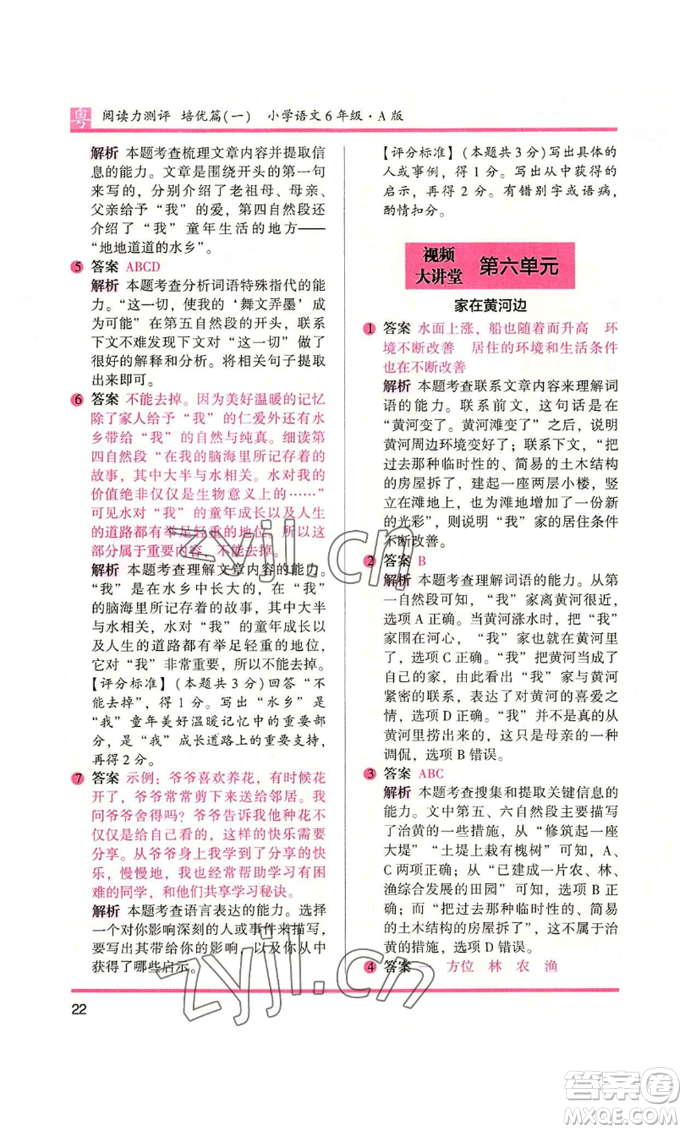 江蘇鳳凰文藝出版社2022木頭馬閱讀力測(cè)評(píng)六年級(jí)語(yǔ)文人教版A本廣東專版參考答案