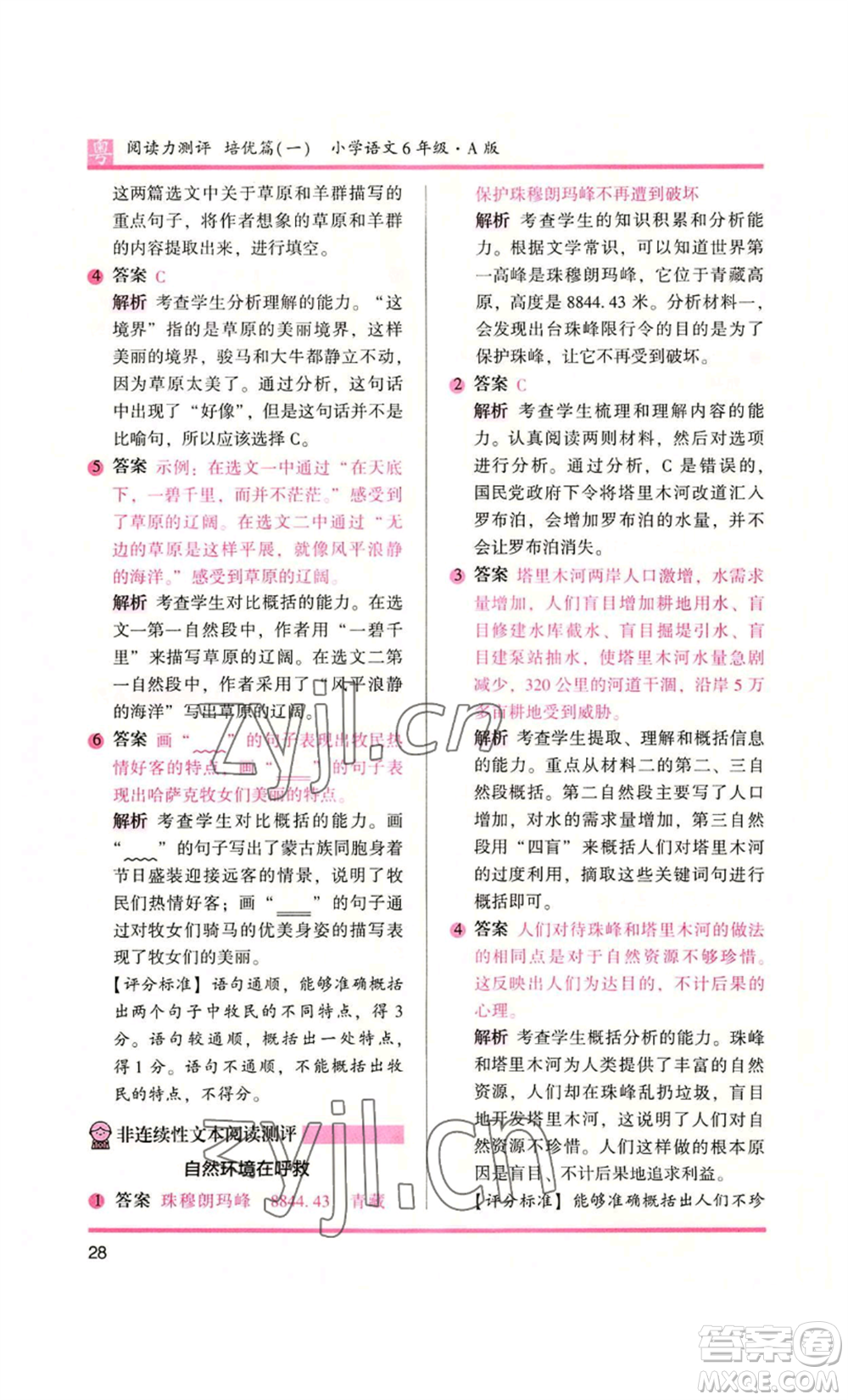 江蘇鳳凰文藝出版社2022木頭馬閱讀力測(cè)評(píng)六年級(jí)語(yǔ)文人教版A本廣東專版參考答案