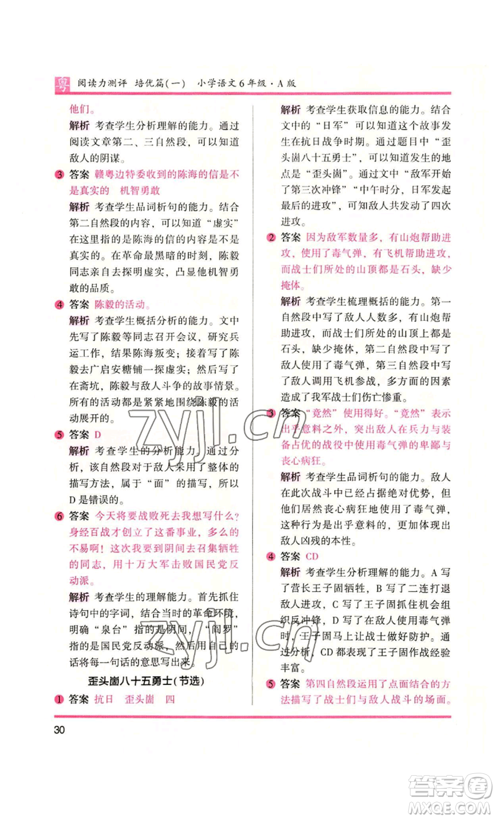 江蘇鳳凰文藝出版社2022木頭馬閱讀力測(cè)評(píng)六年級(jí)語(yǔ)文人教版A本廣東專版參考答案