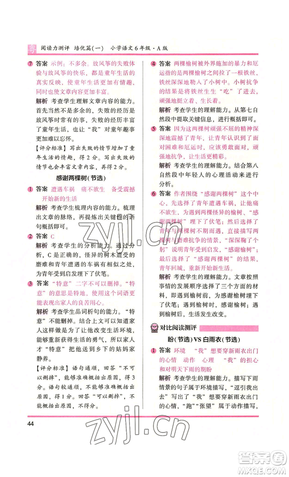 江蘇鳳凰文藝出版社2022木頭馬閱讀力測(cè)評(píng)六年級(jí)語(yǔ)文人教版A本廣東專版參考答案