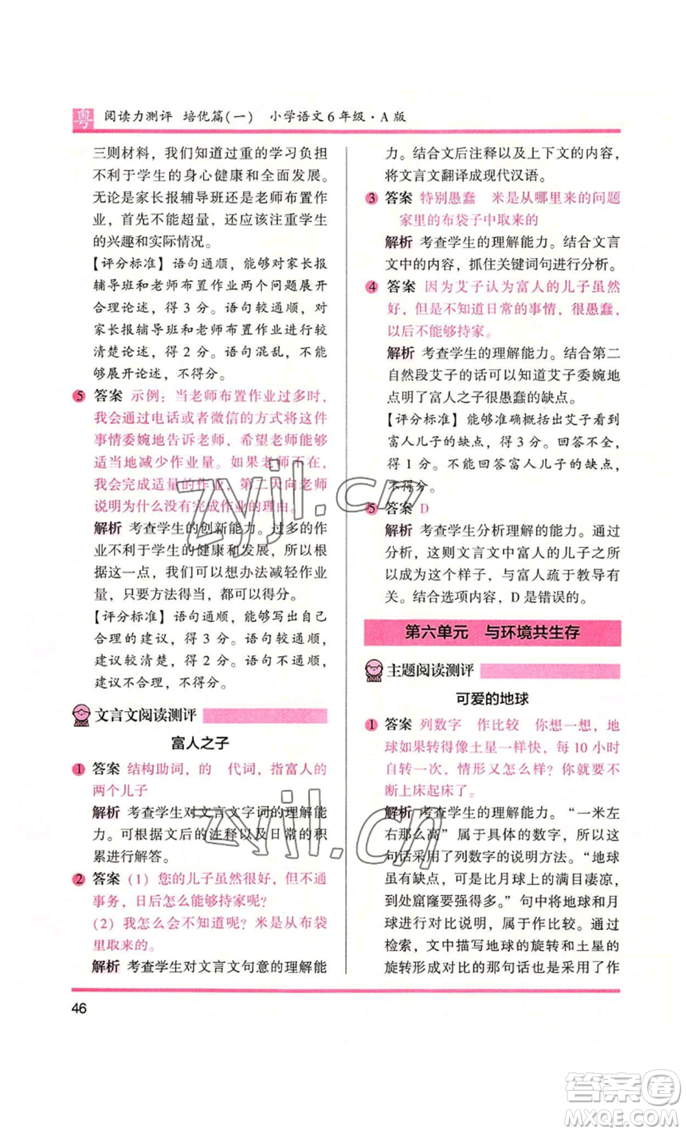 江蘇鳳凰文藝出版社2022木頭馬閱讀力測(cè)評(píng)六年級(jí)語(yǔ)文人教版A本廣東專版參考答案
