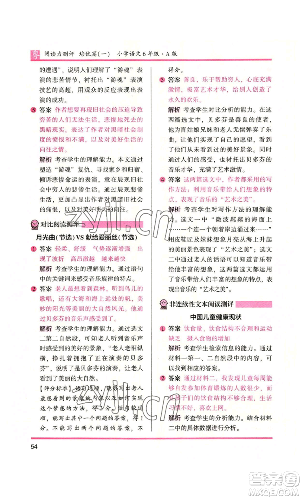 江蘇鳳凰文藝出版社2022木頭馬閱讀力測(cè)評(píng)六年級(jí)語(yǔ)文人教版A本廣東專版參考答案