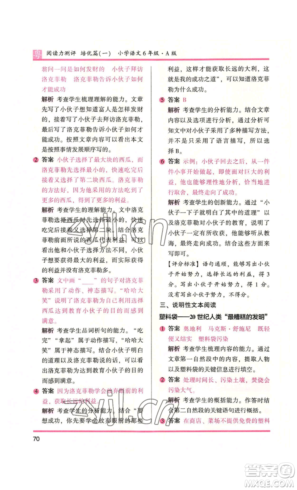 江蘇鳳凰文藝出版社2022木頭馬閱讀力測(cè)評(píng)六年級(jí)語(yǔ)文人教版A本廣東專版參考答案