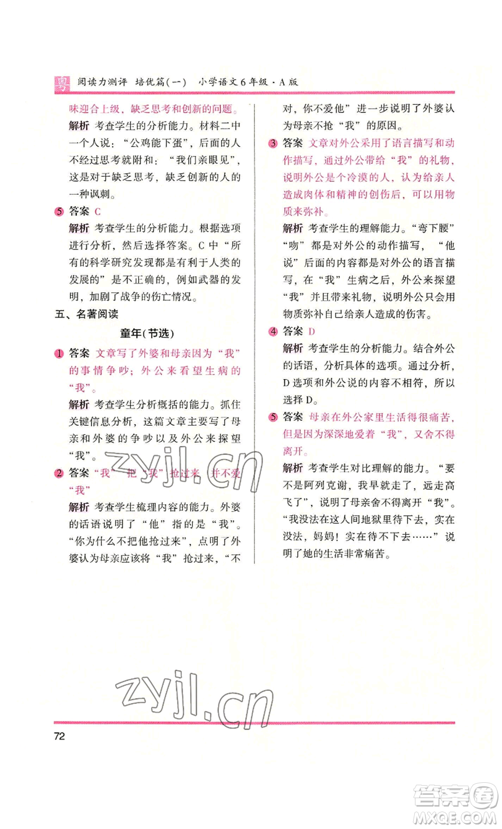 江蘇鳳凰文藝出版社2022木頭馬閱讀力測(cè)評(píng)六年級(jí)語(yǔ)文人教版A本廣東專版參考答案
