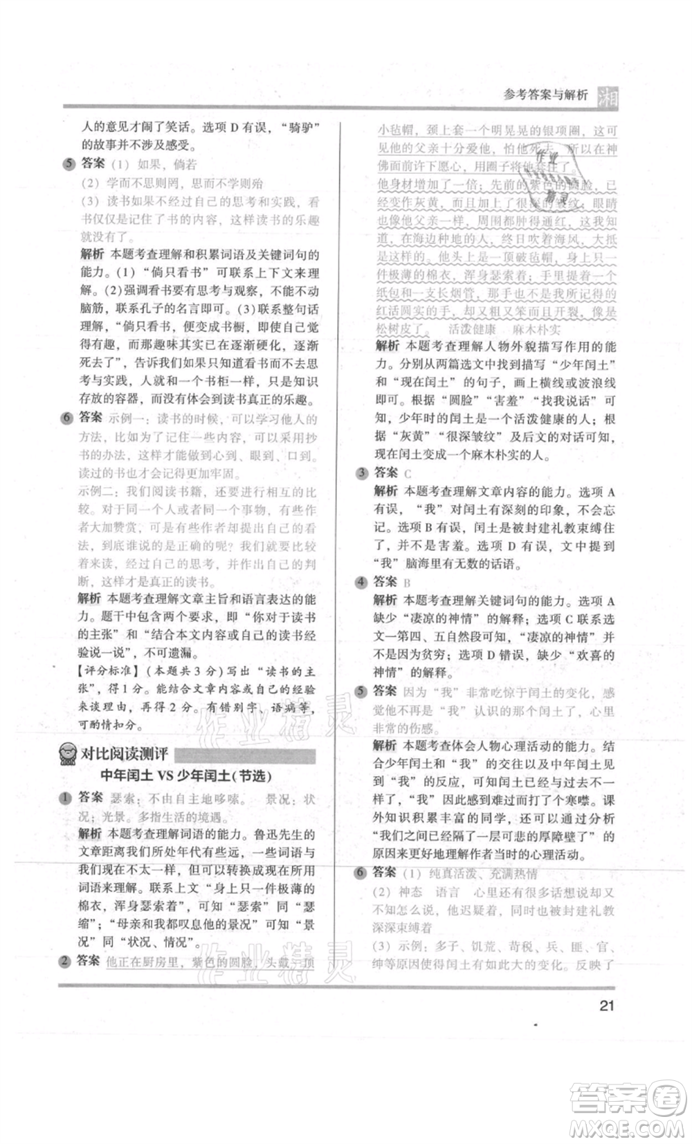 江蘇鳳凰文藝出版社2022木頭馬閱讀力測評六年級語文人教版A版湖南專版參考答案