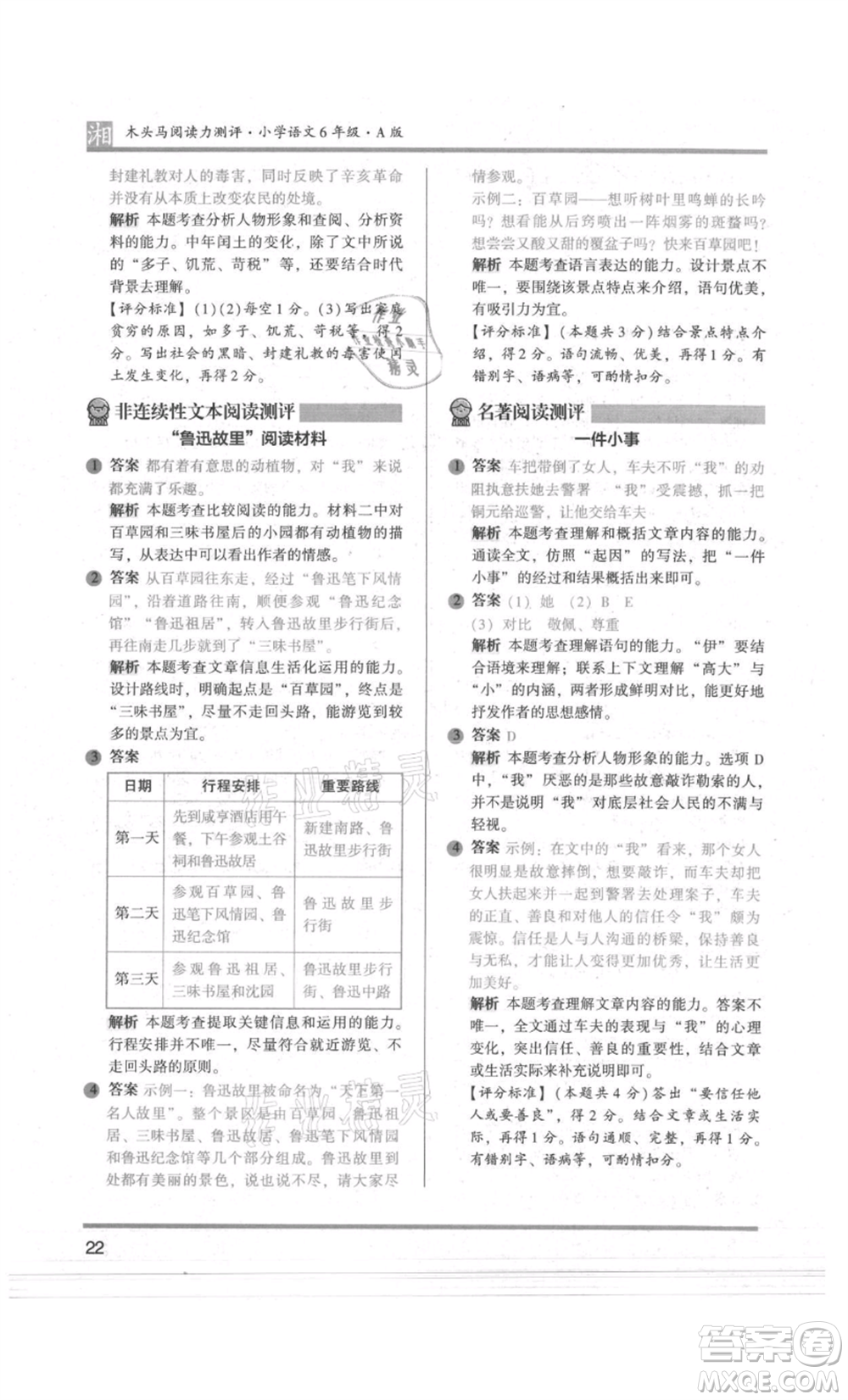 江蘇鳳凰文藝出版社2022木頭馬閱讀力測評六年級語文人教版A版湖南專版參考答案