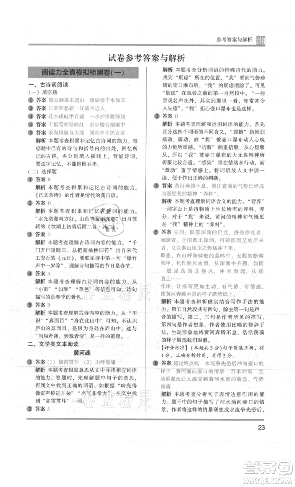 江蘇鳳凰文藝出版社2022木頭馬閱讀力測評六年級語文人教版A版湖南專版參考答案