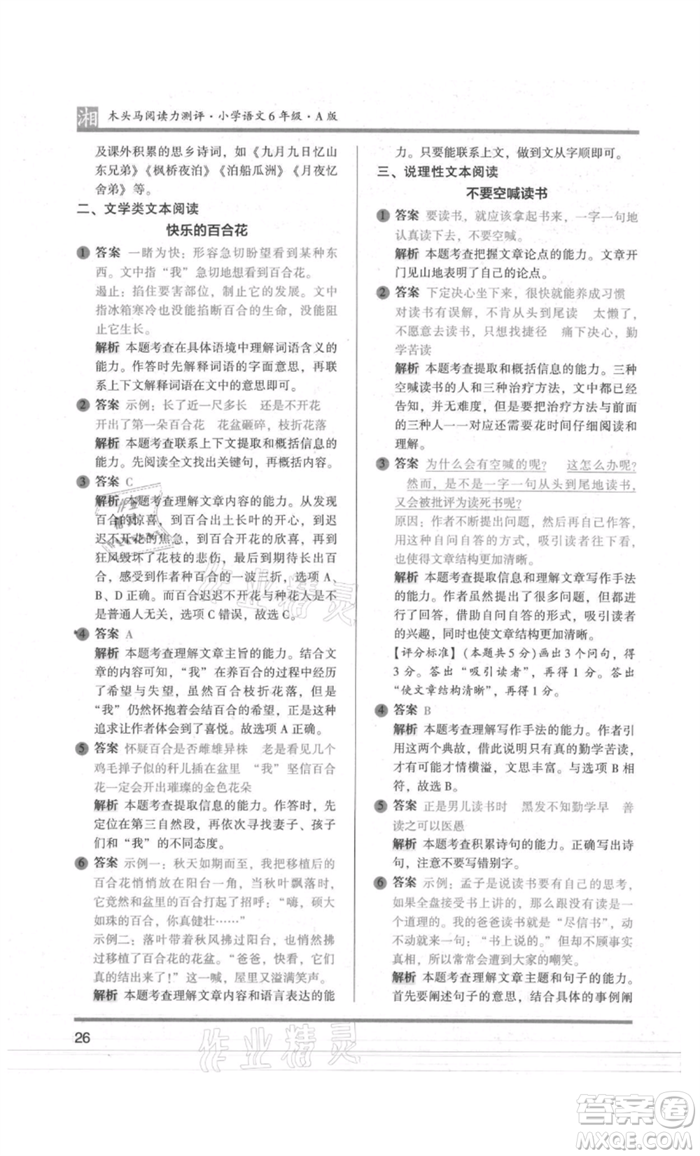 江蘇鳳凰文藝出版社2022木頭馬閱讀力測評六年級語文人教版A版湖南專版參考答案
