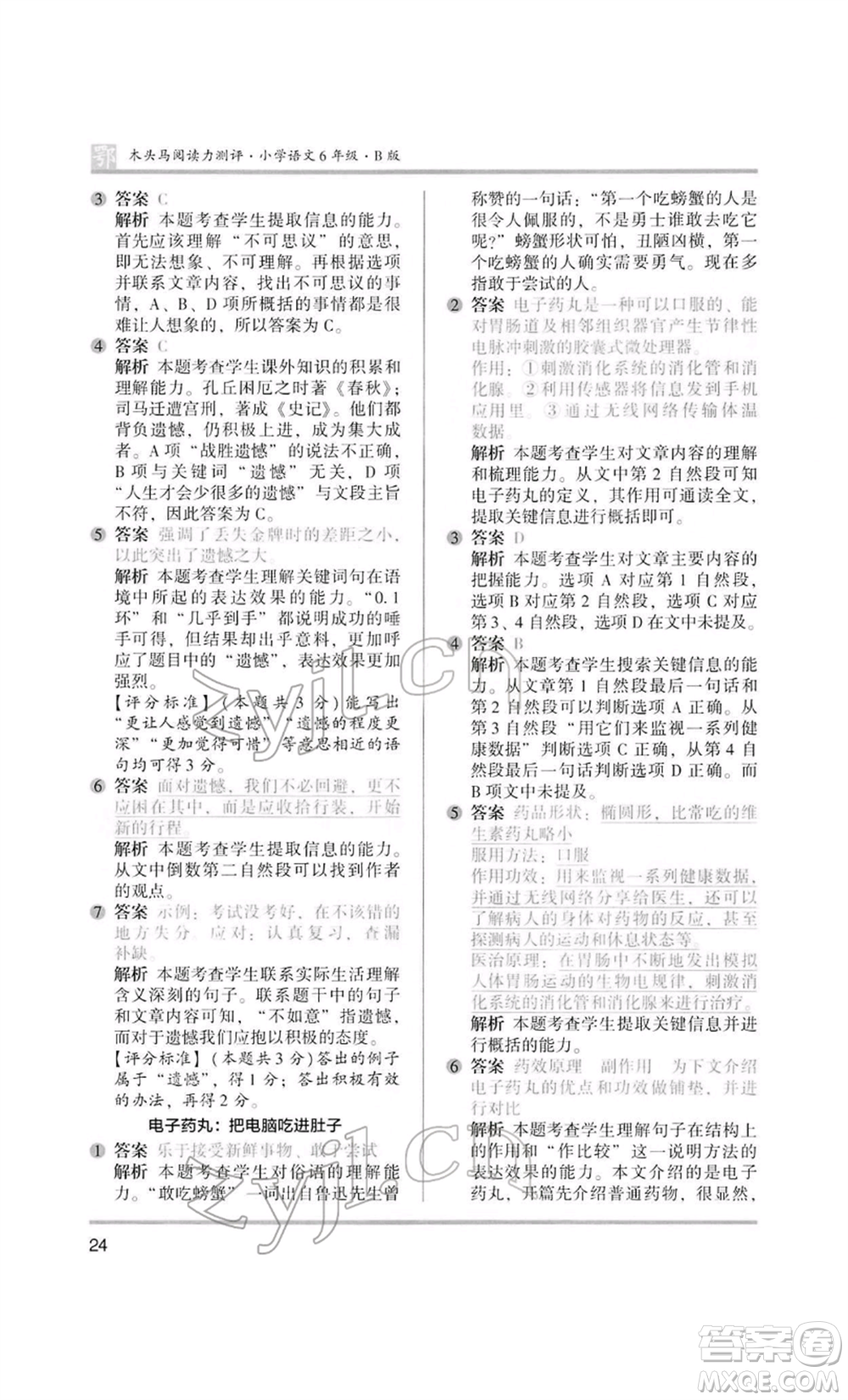 江蘇鳳凰美術(shù)出版社2022木頭馬閱讀力測評六年級語文人教版B版大武漢專版參考答案