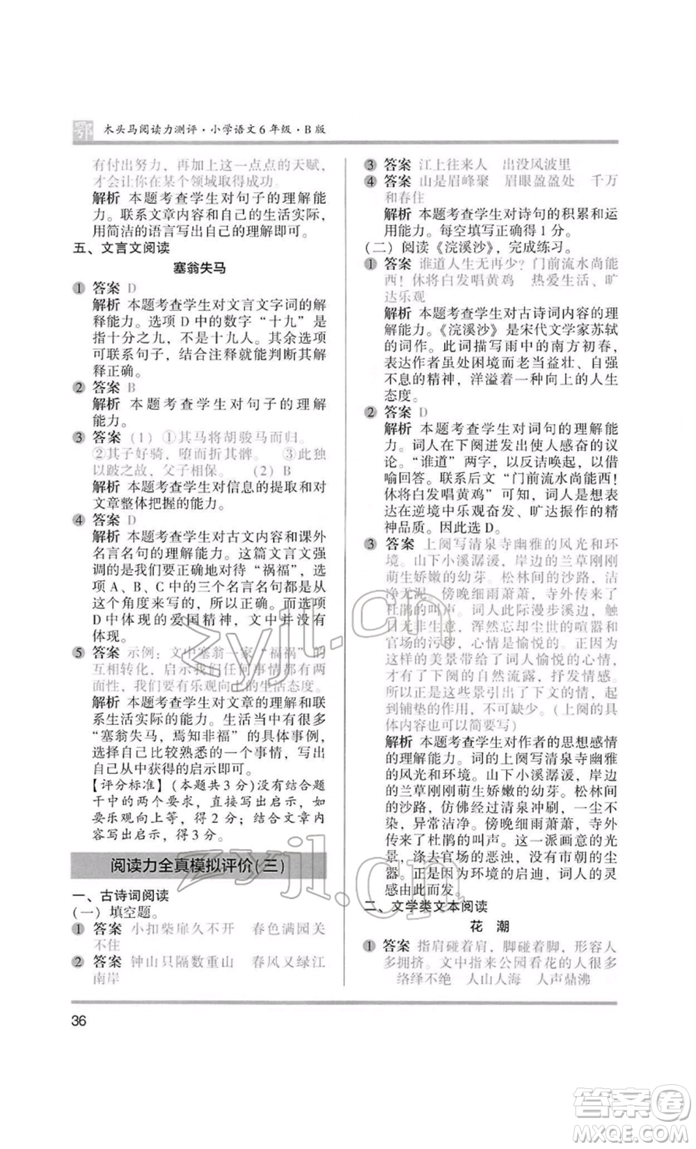江蘇鳳凰美術(shù)出版社2022木頭馬閱讀力測評六年級語文人教版B版大武漢專版參考答案
