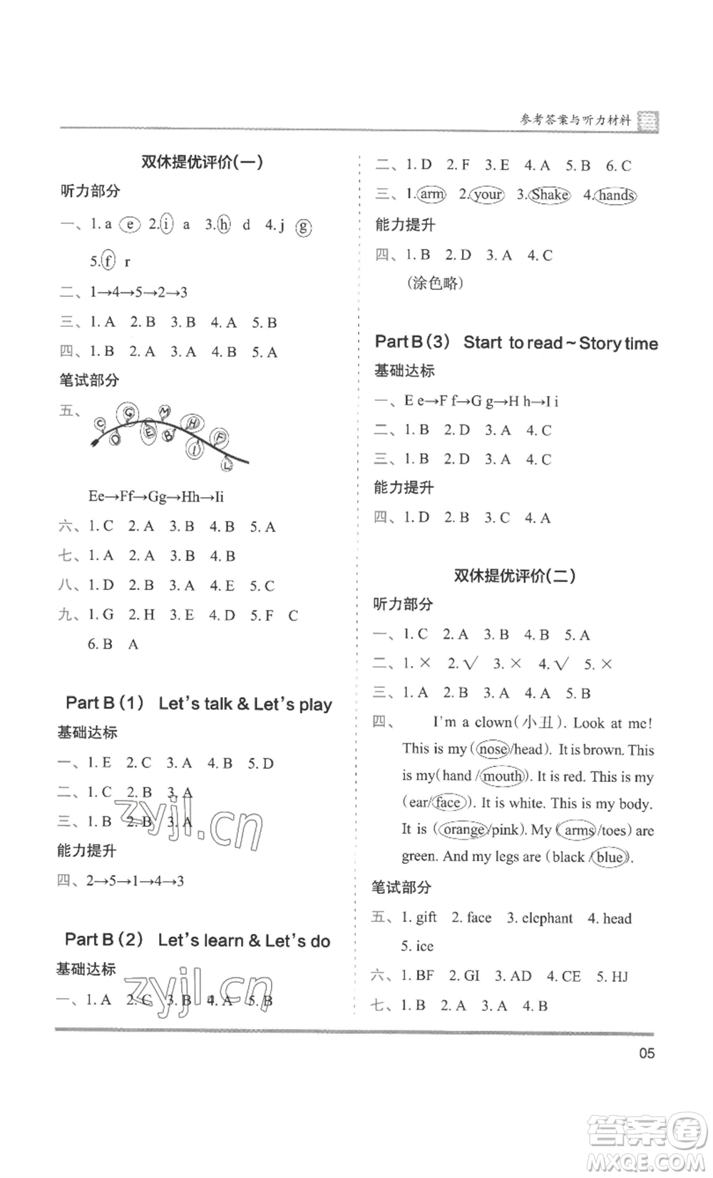 湖南師范大學(xué)出版社2022木頭馬分層課課練三年級(jí)上冊(cè)英語(yǔ)人教版參考答案