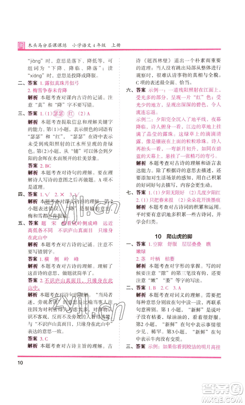 鷺江出版社2022木頭馬分層課課練四年級上冊語文部編版福建專版參考答案