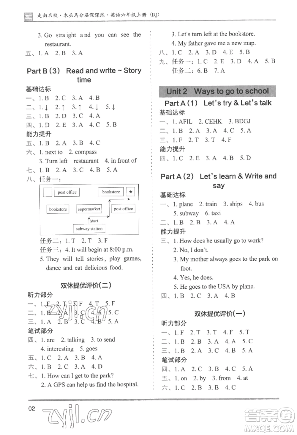 湖南師范大學(xué)出版社2022木頭馬分層課課練六年級(jí)上冊(cè)英語(yǔ)人教版參考答案
