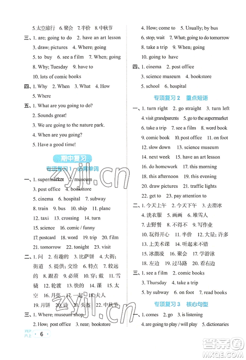 江西教育出版社2022陽光同學(xué)默寫小達(dá)人六年級(jí)上冊英語人教版參考答案