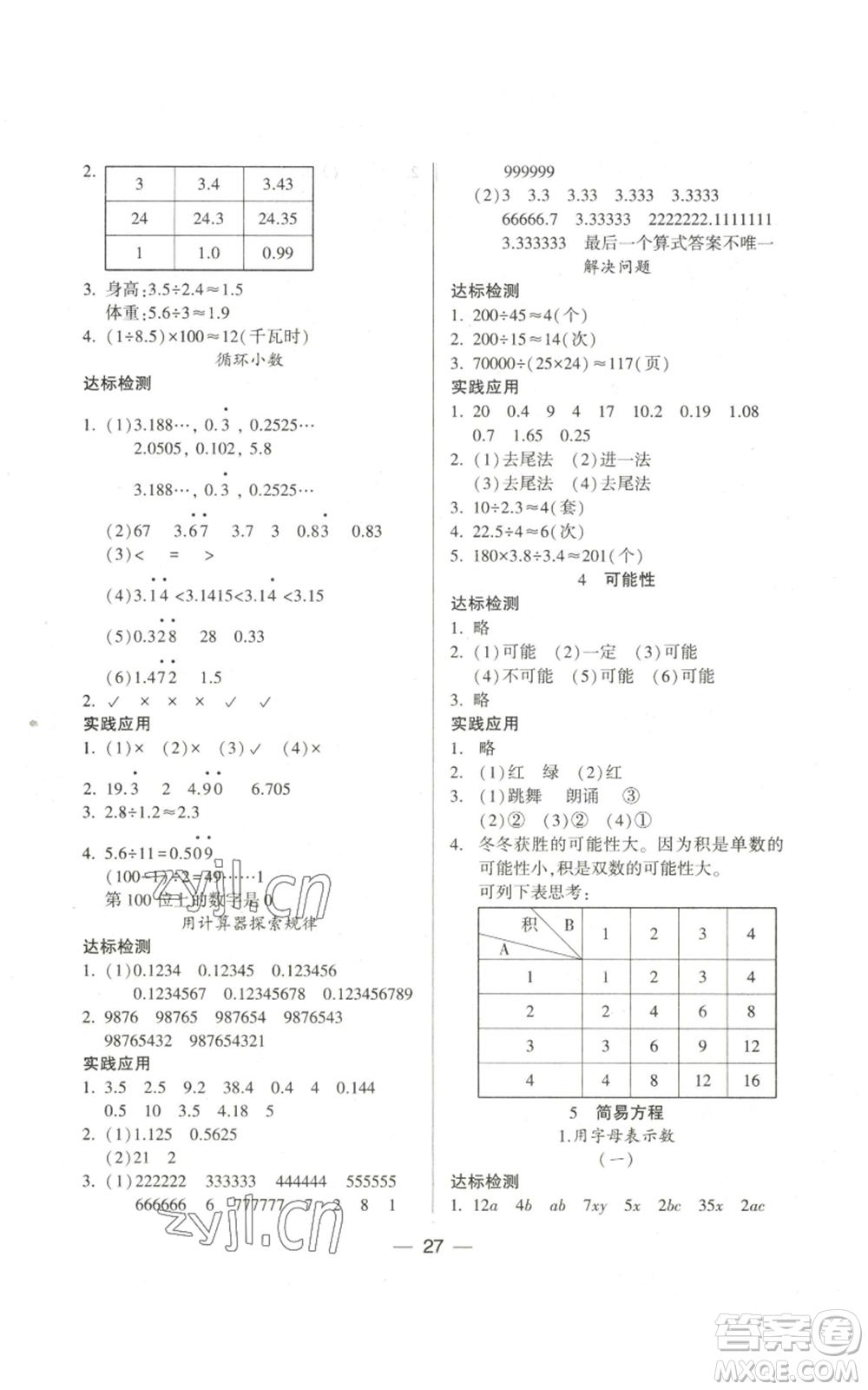 希望出版社2022新課標(biāo)兩導(dǎo)兩練高效學(xué)案五年級(jí)上冊(cè)數(shù)學(xué)人教版參考答案