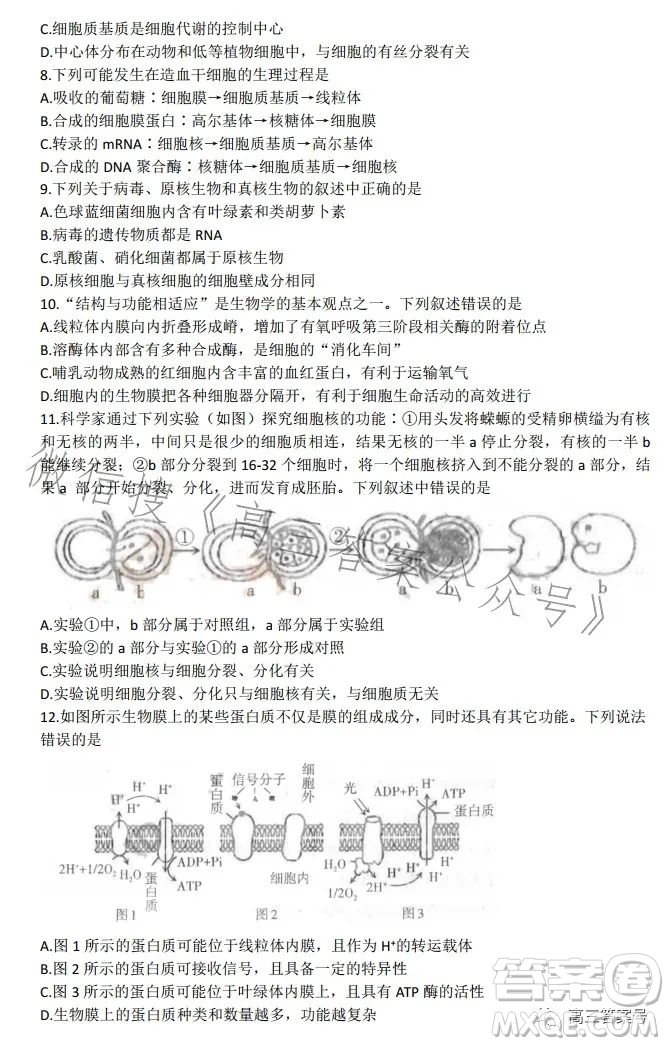 太原2022-2023學(xué)年第一學(xué)期高三年級期中質(zhì)量監(jiān)測生物試卷答案