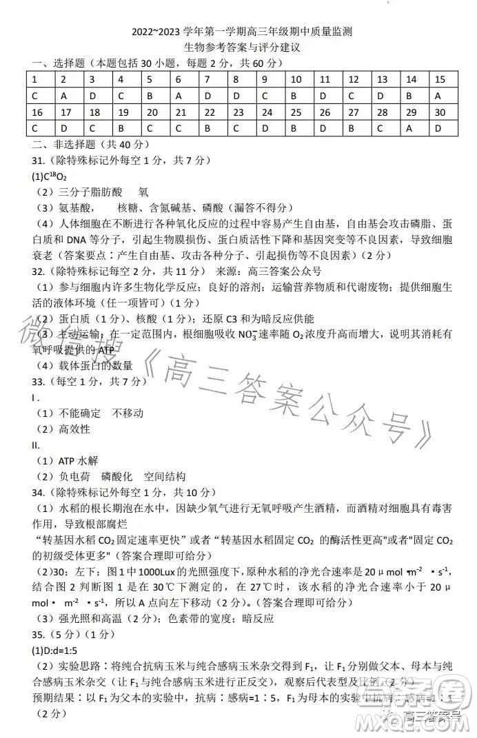 太原2022-2023學(xué)年第一學(xué)期高三年級期中質(zhì)量監(jiān)測生物試卷答案