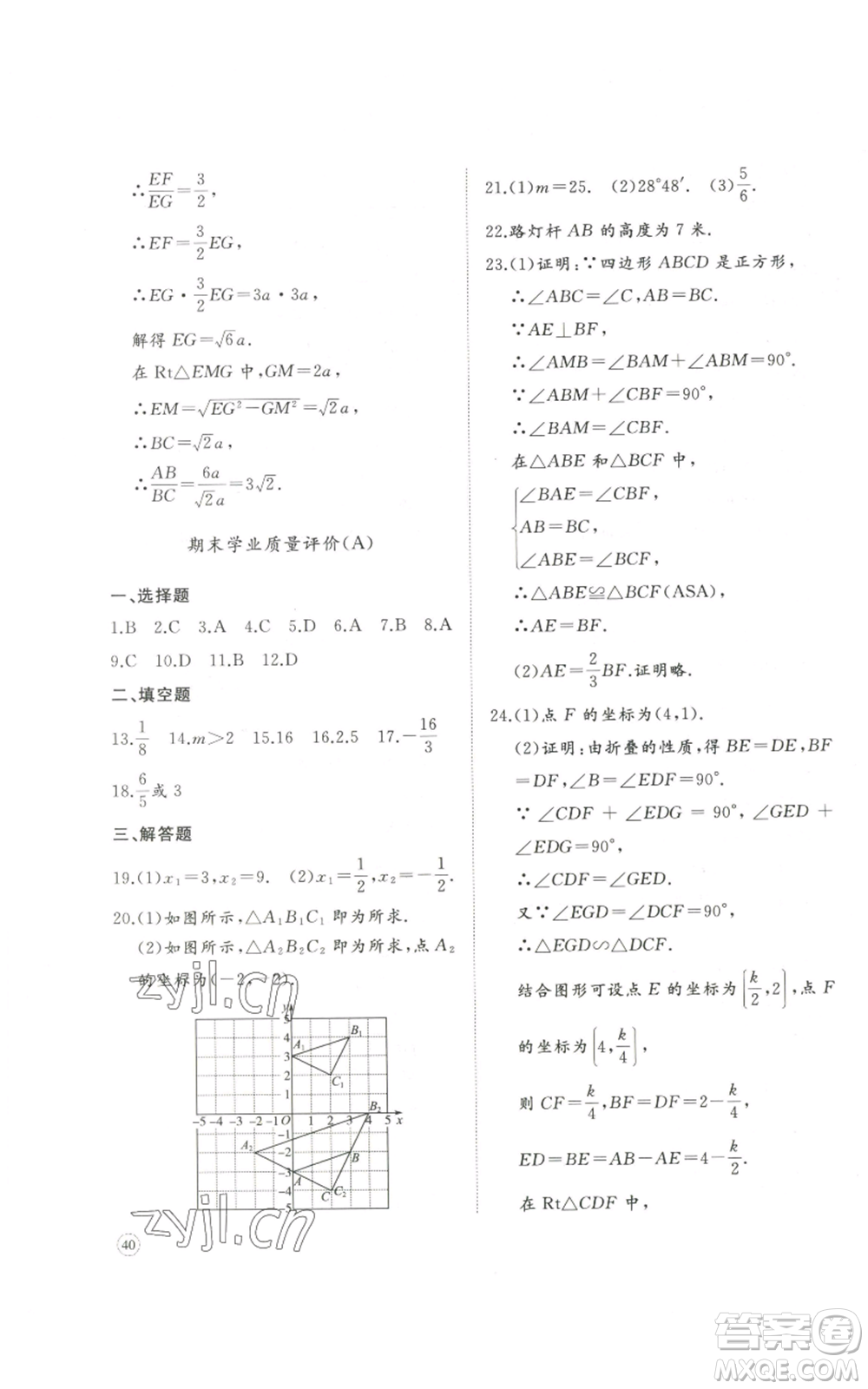 山東友誼出版社2022精練課堂分層作業(yè)九年級上冊數(shù)學(xué)北師大版參考答案