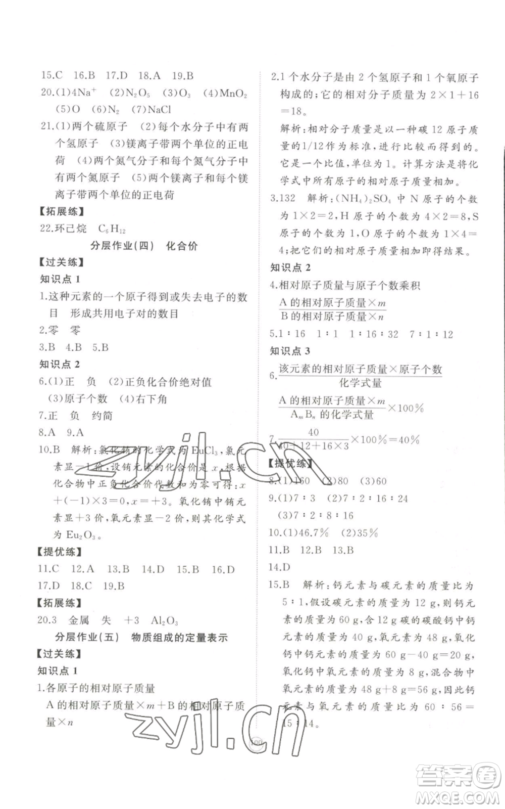 山東友誼出版社2022精練課堂分層作業(yè)九年級上冊化學人教版參考答案