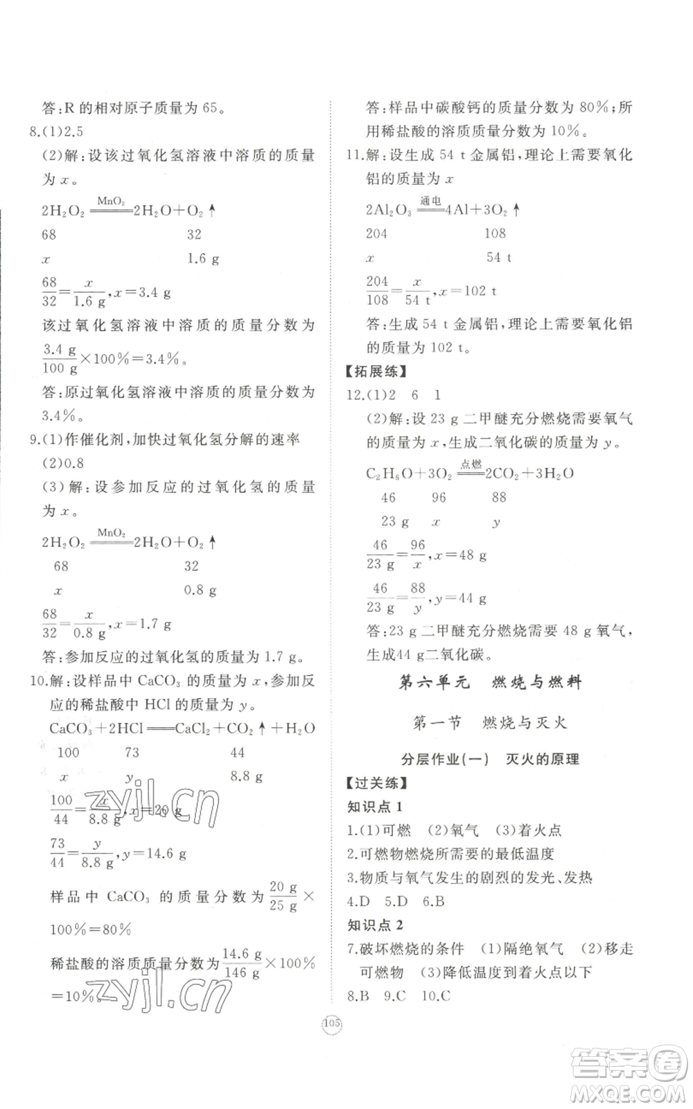 山東友誼出版社2022精練課堂分層作業(yè)九年級上冊化學人教版參考答案