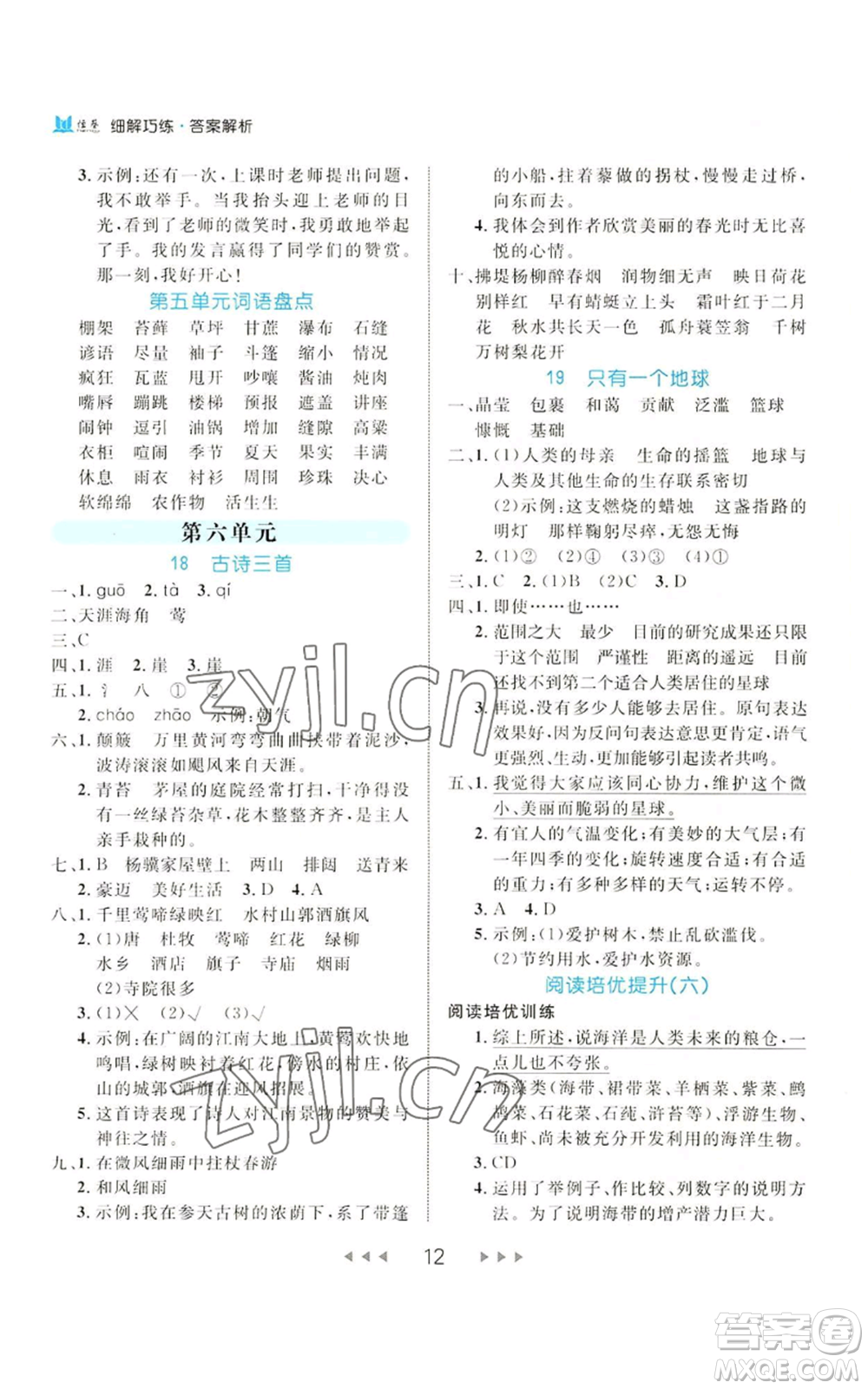 延邊大學(xué)出版社2022細(xì)解巧練六年級上冊語文部編版參考答案