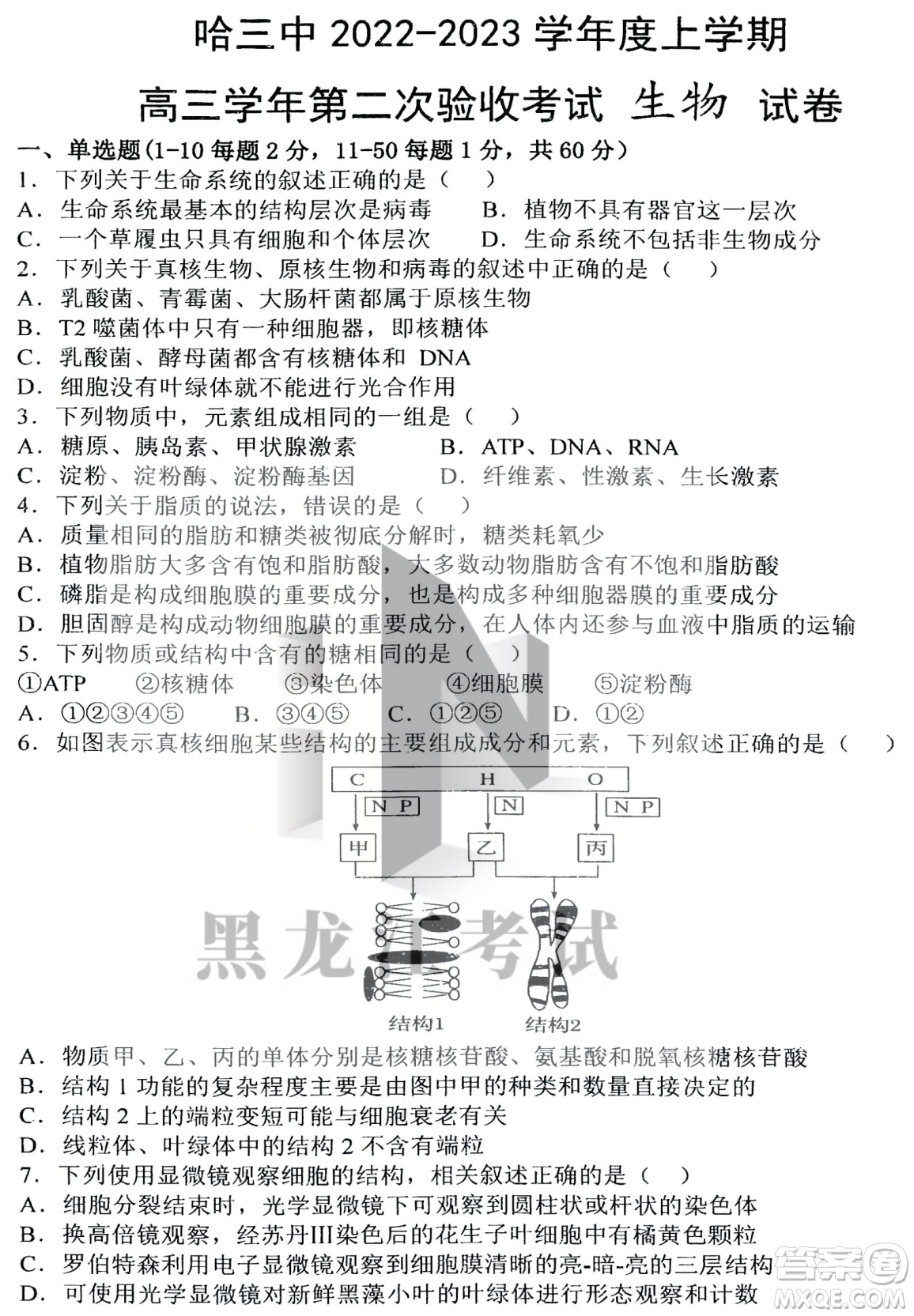哈三中2022-2023學年度上學期高三學年第二次驗收考試生物試卷答案