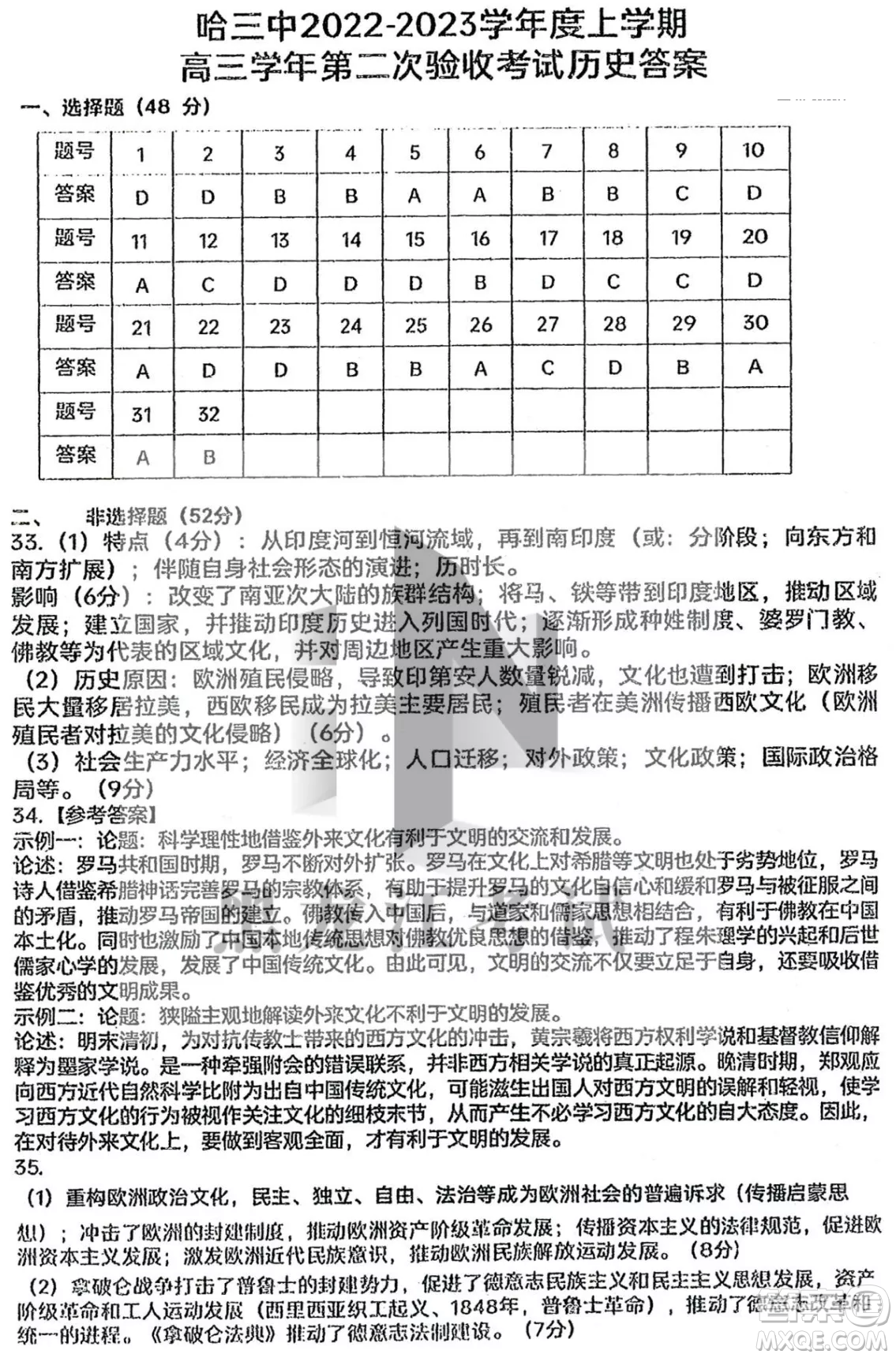 哈三中2022-2023學年度上學期高三學年第二次驗收考試歷史試卷答案