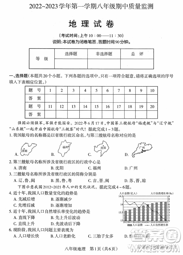 太原市2022-2023學(xué)年第一學(xué)期八年級(jí)期中質(zhì)量檢測(cè)地理試卷答案