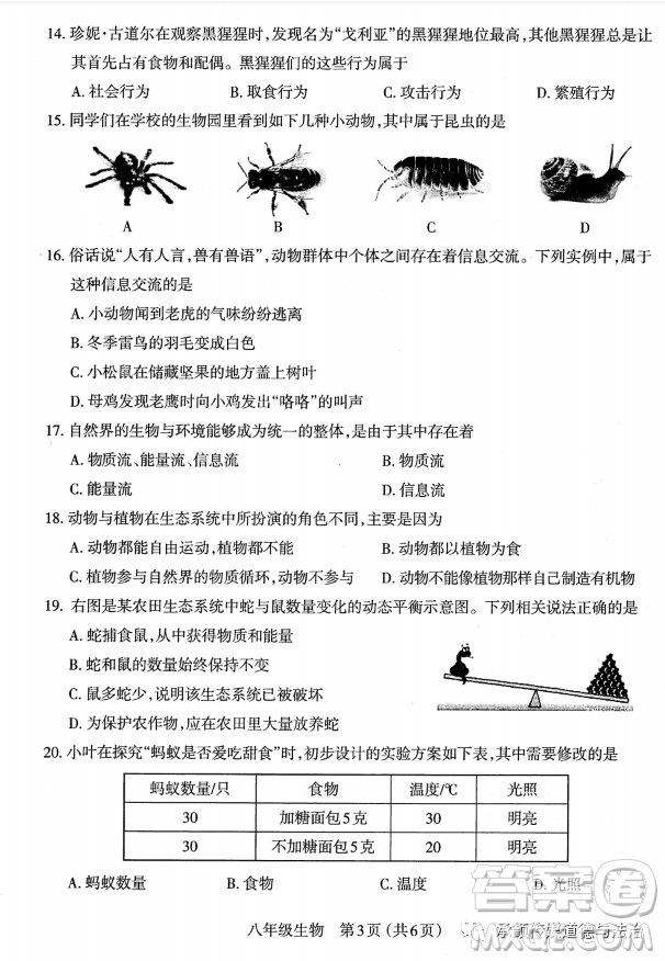 太原市2022-2023學(xué)年第一學(xué)期八年級(jí)期中質(zhì)量檢測生物學(xué)試卷答案