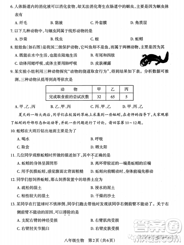 太原市2022-2023學(xué)年第一學(xué)期八年級(jí)期中質(zhì)量檢測生物學(xué)試卷答案