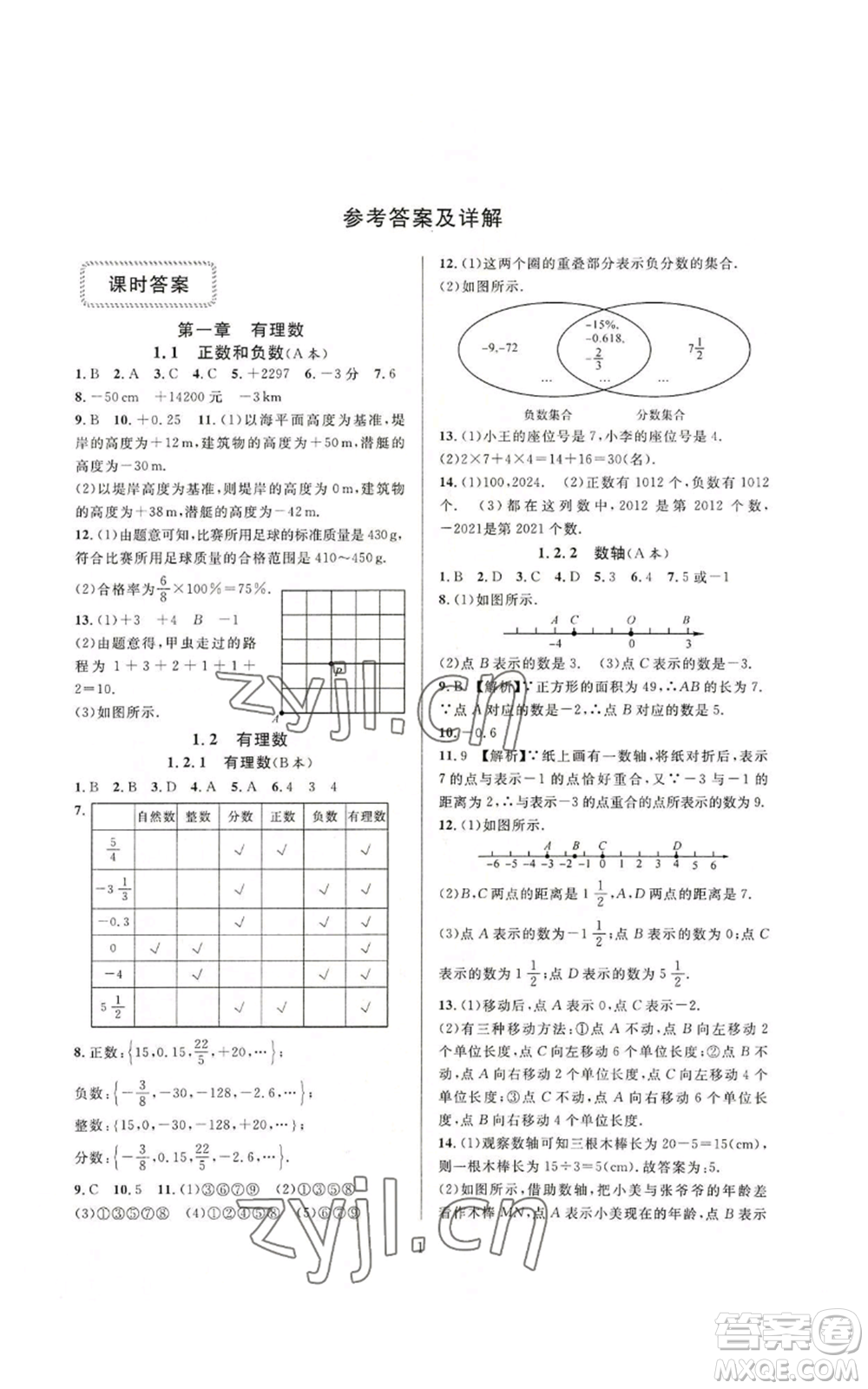 浙江教育出版社2022全優(yōu)新同步七年級上冊數(shù)學人教版A本參考答案