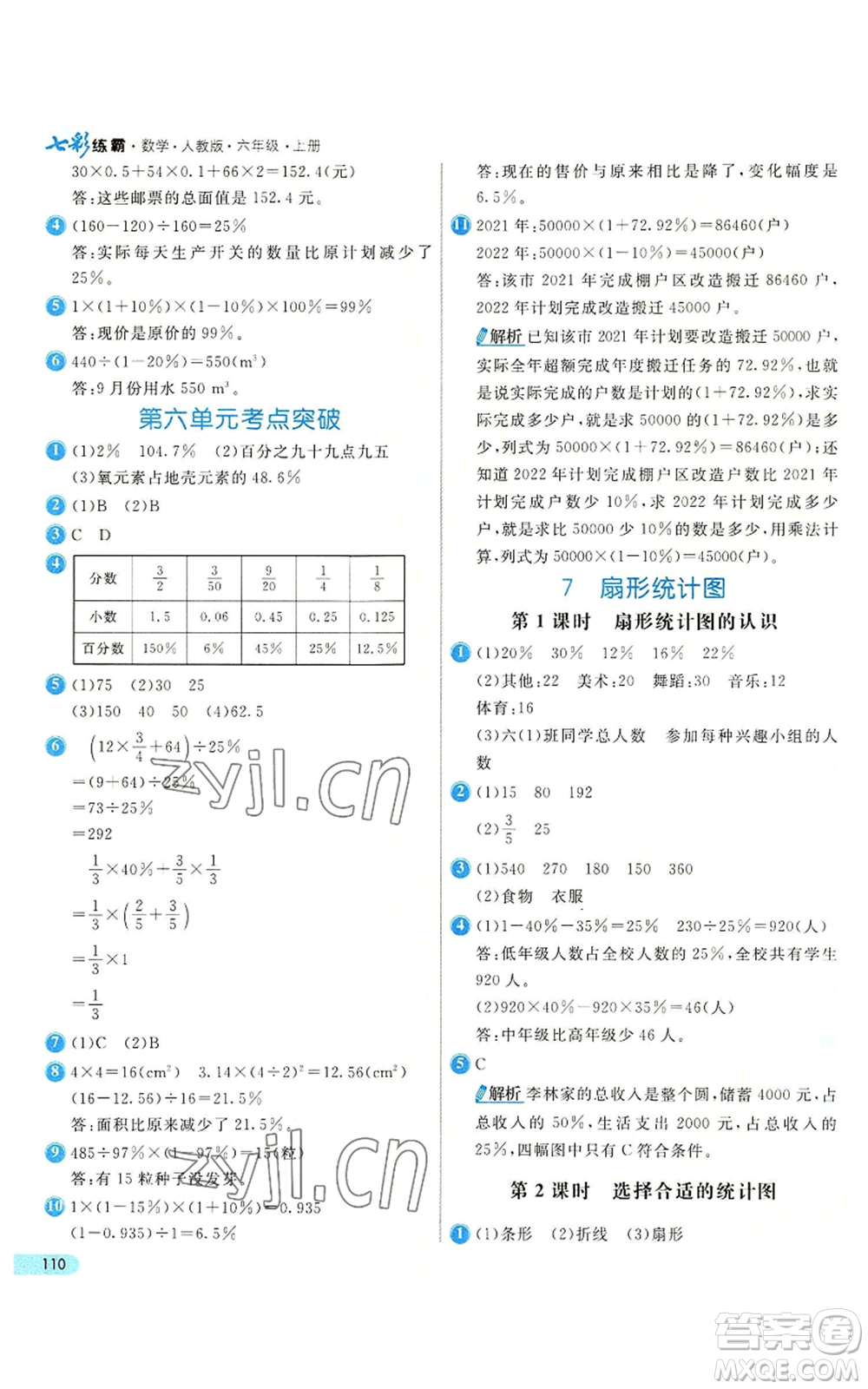 河北教育出版社2022七彩練霸六年級上冊數(shù)學(xué)人教版參考答案