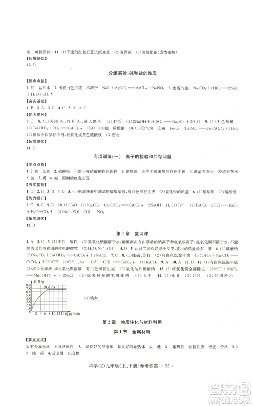 浙江工商大學(xué)出版社2022習(xí)題e百課時訓(xùn)練九年級科學(xué)浙教版B版參考答案
