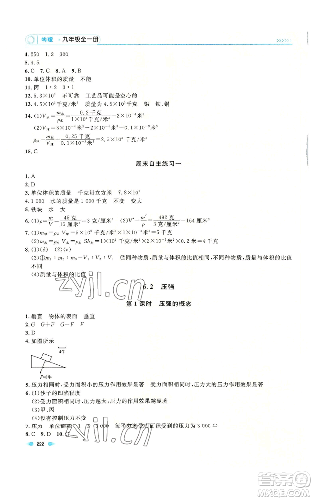 天津人民出版社2022上海作業(yè)九年級(jí)物理通用版參考答案