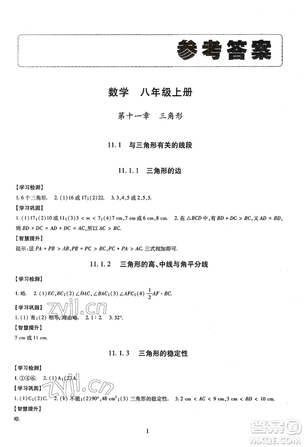 明天出版社2022智慧學習導學練八年級上冊數(shù)學人教版參考答案