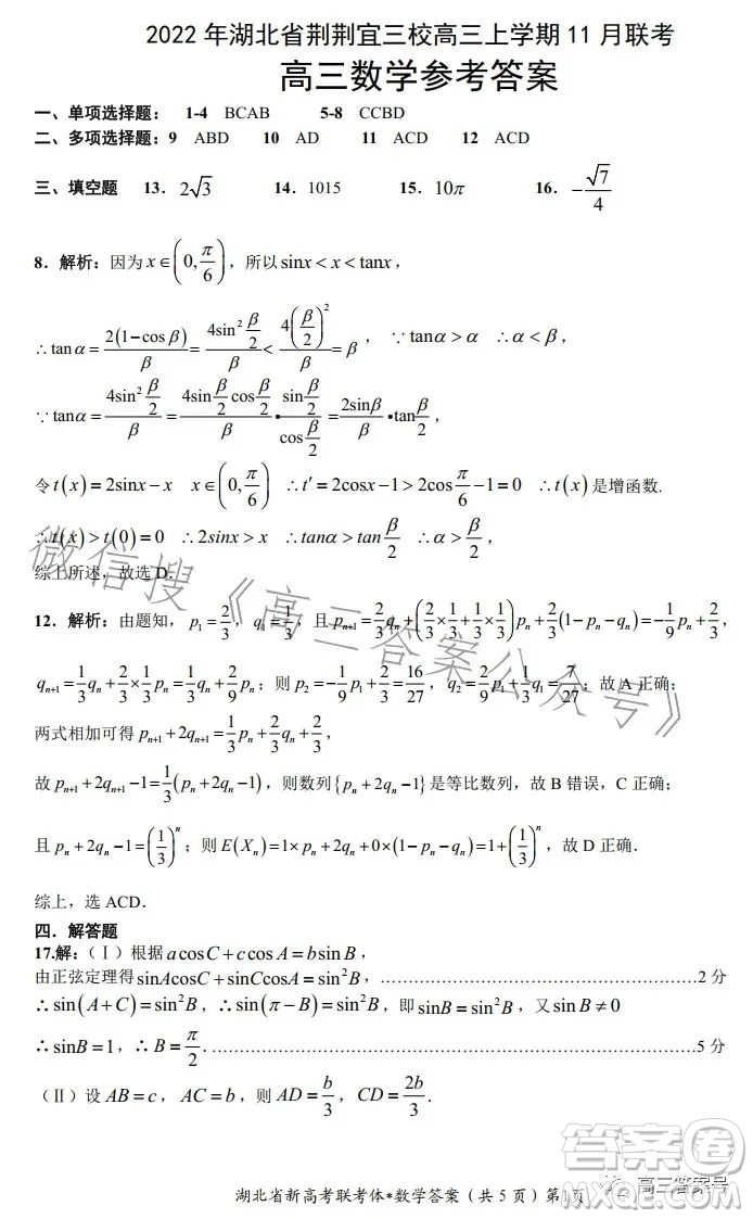 2022年湖北省荊荊宜三校高三上學期11月聯(lián)考高三數(shù)學試卷答案