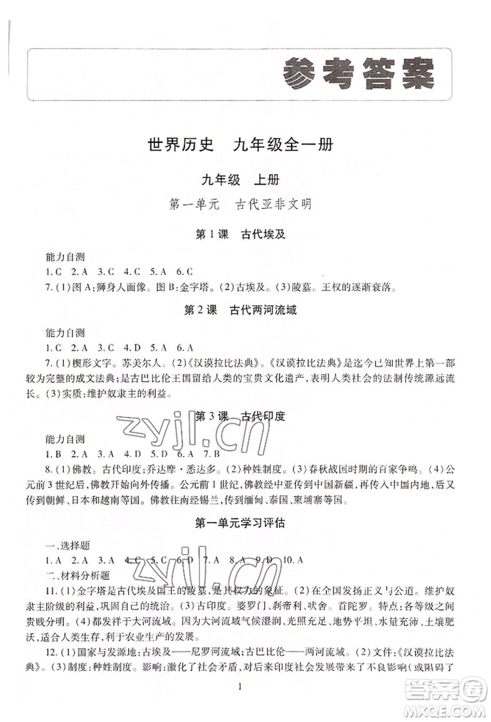 明天出版社2022智慧學(xué)習(xí)導(dǎo)學(xué)練九年級世界歷史人教版參考答案